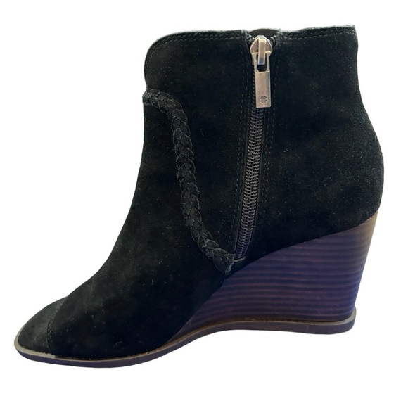 Lucky Brand Black Lureli Peep-Toe Platform Wedge Suede Bootie Size 7.5 - Picture 1 of 11